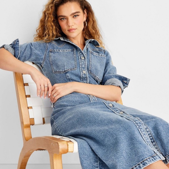 Future Collective Dresses & Skirts - NEW Women's Long Sleeve Denim Midi Dress - Future Collective Medium Wash 16